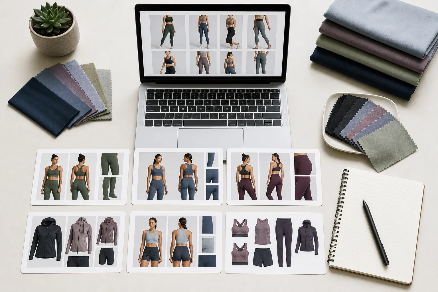 Non-branded activewear planning desk with product cards and fabric swatches