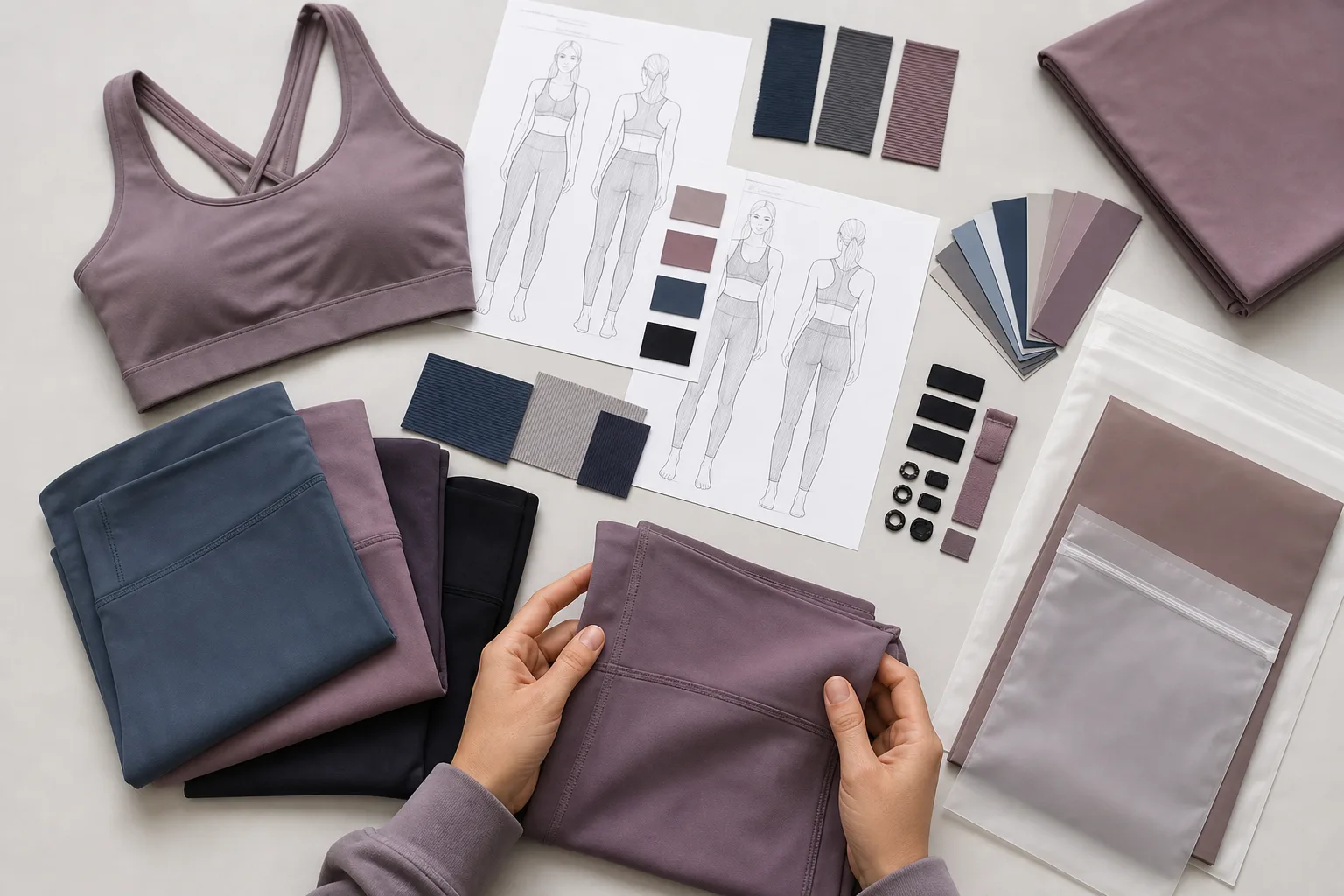 Yoga apparel development materials arranged for case study review