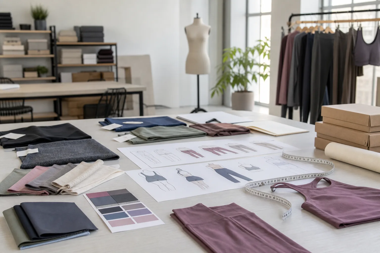 Yoga apparel development workspace with samples, fabric swatches, and specification sheets