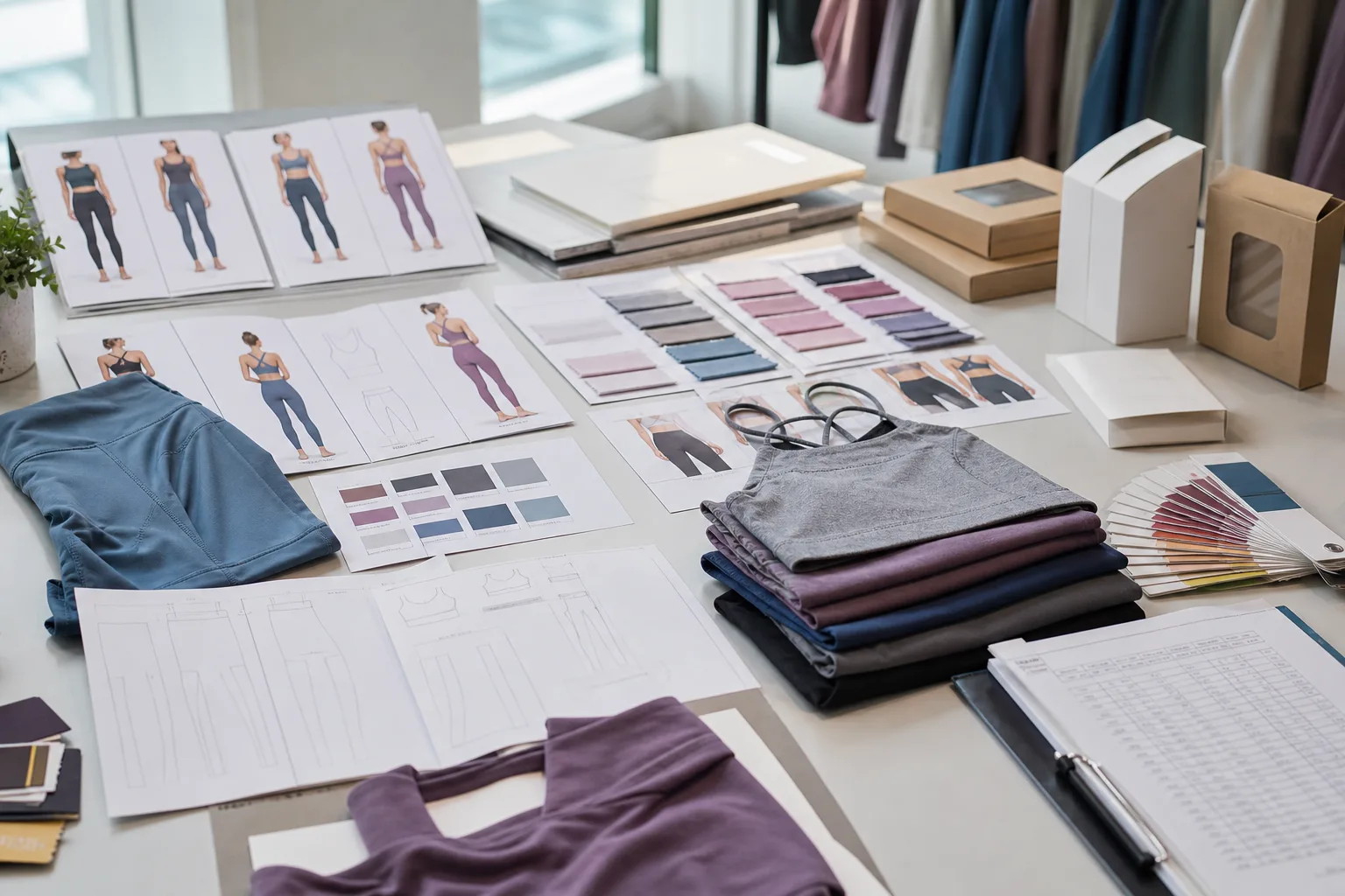 Yoga apparel samples, fabric swatches, and packaging mockups on a planning table