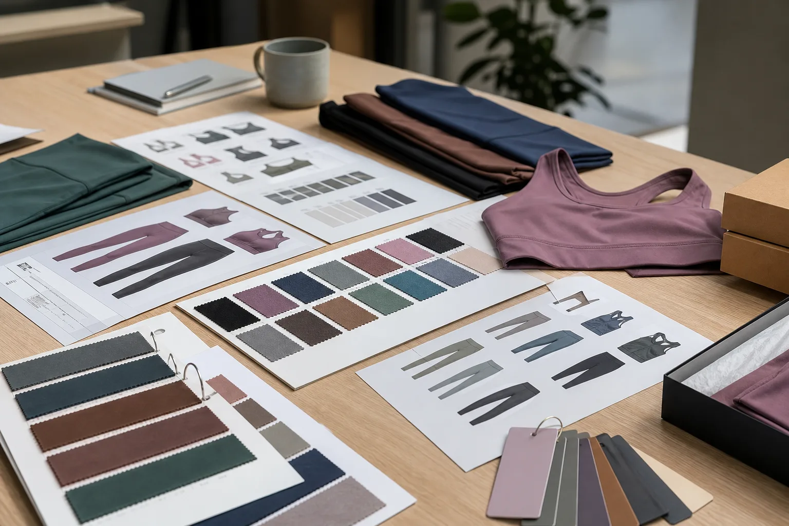 Yoga apparel samples, fabric swatches, and packaging mockups on a planning table