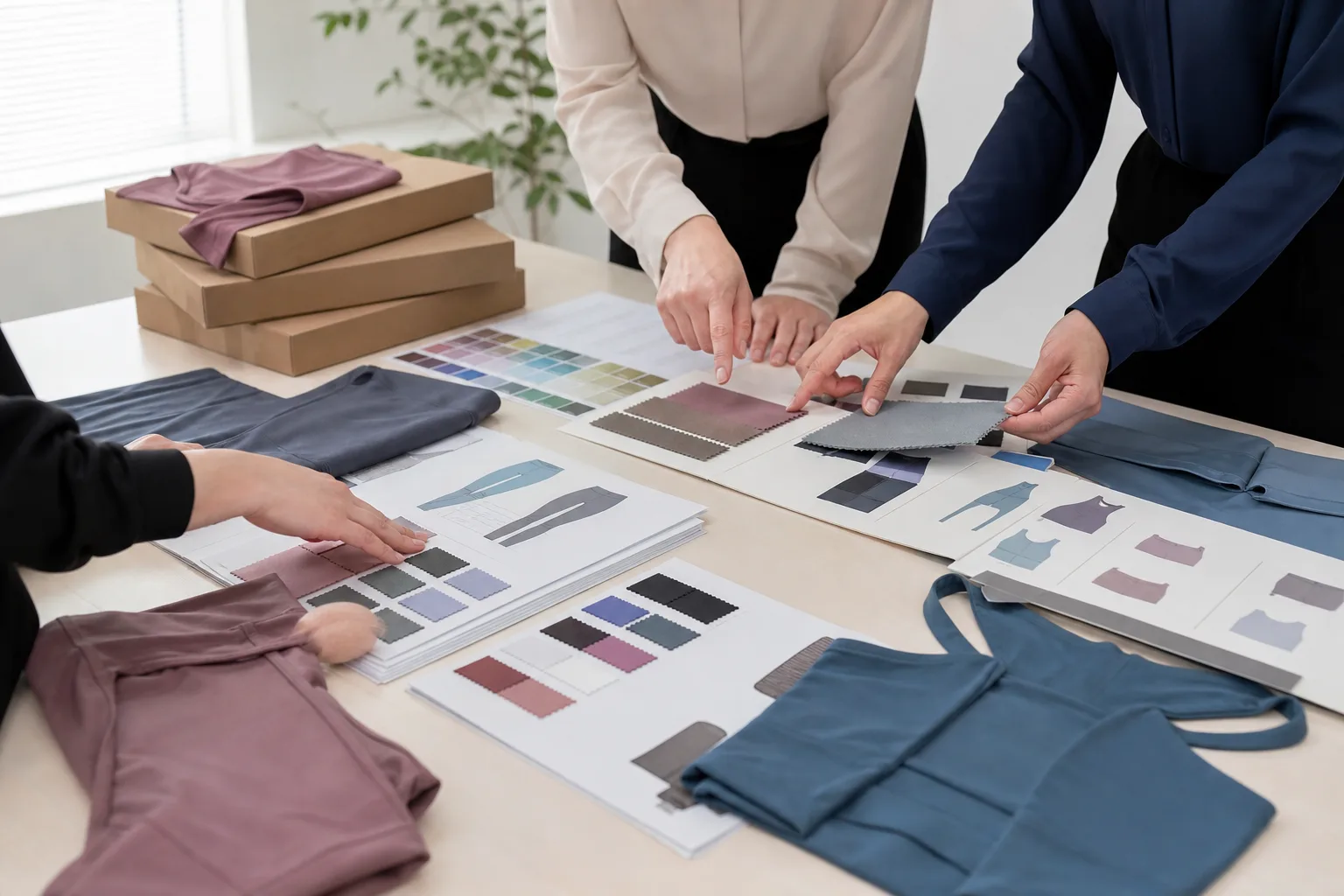 Anonymous buyers reviewing yoga apparel samples and packaging options