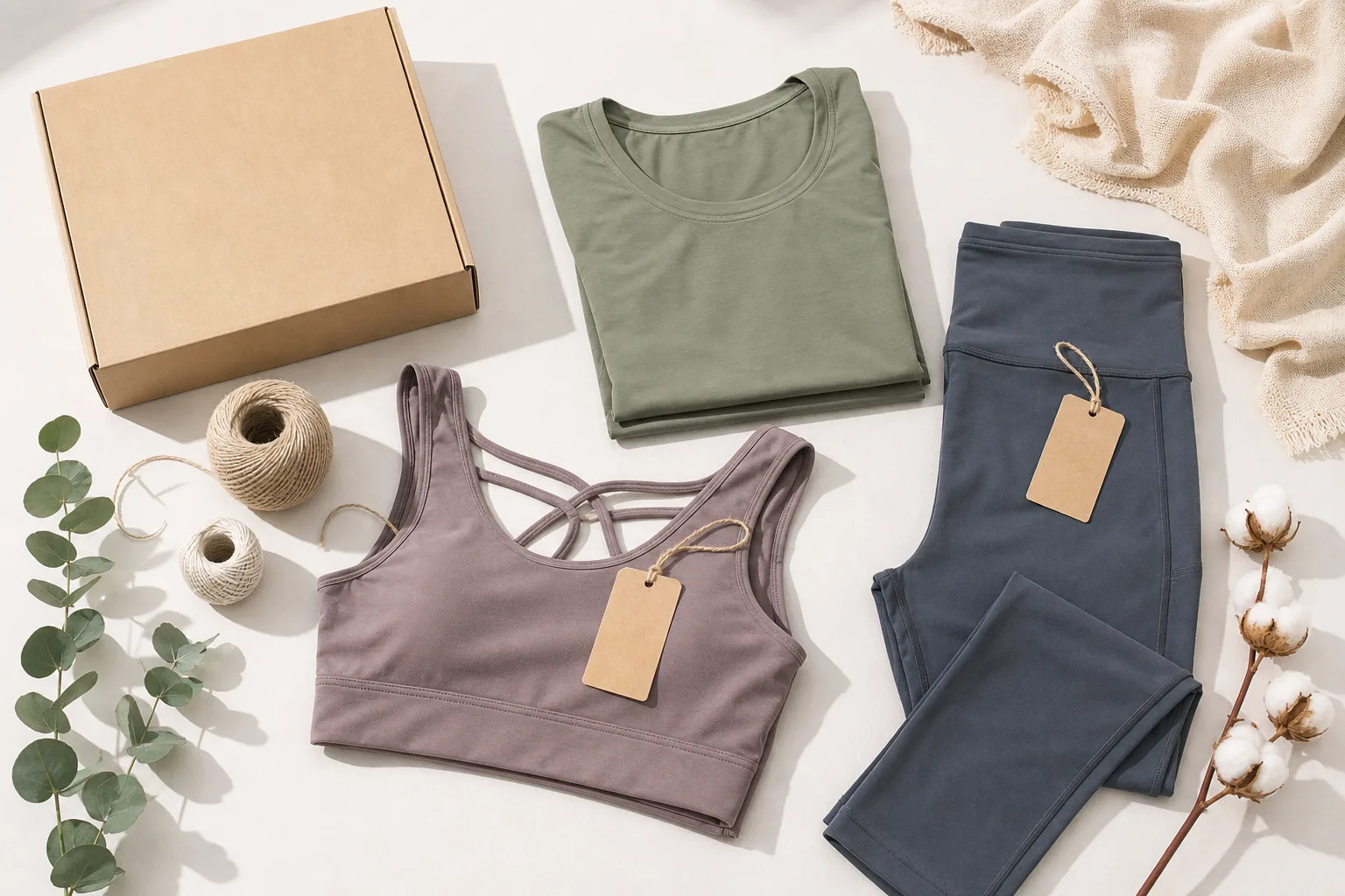 Eco-friendly yoga apparel flat lay with natural packaging and performance fabrics