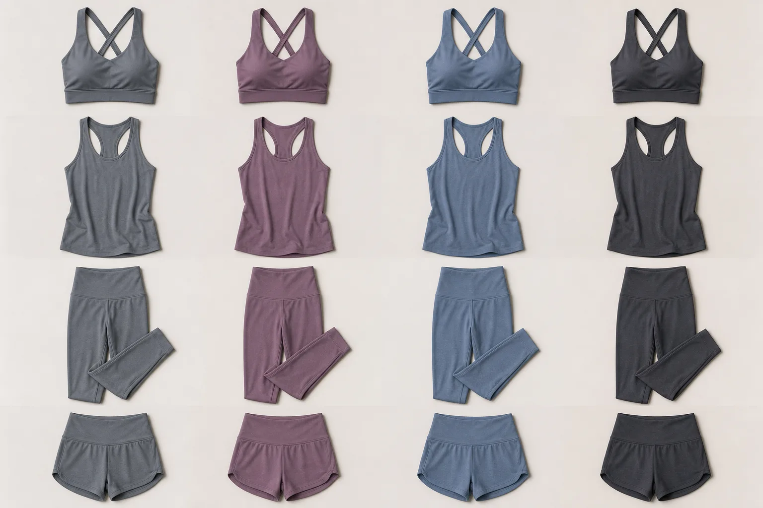 Eco-friendly yoga apparel product range with leggings, bras, tops, and shorts