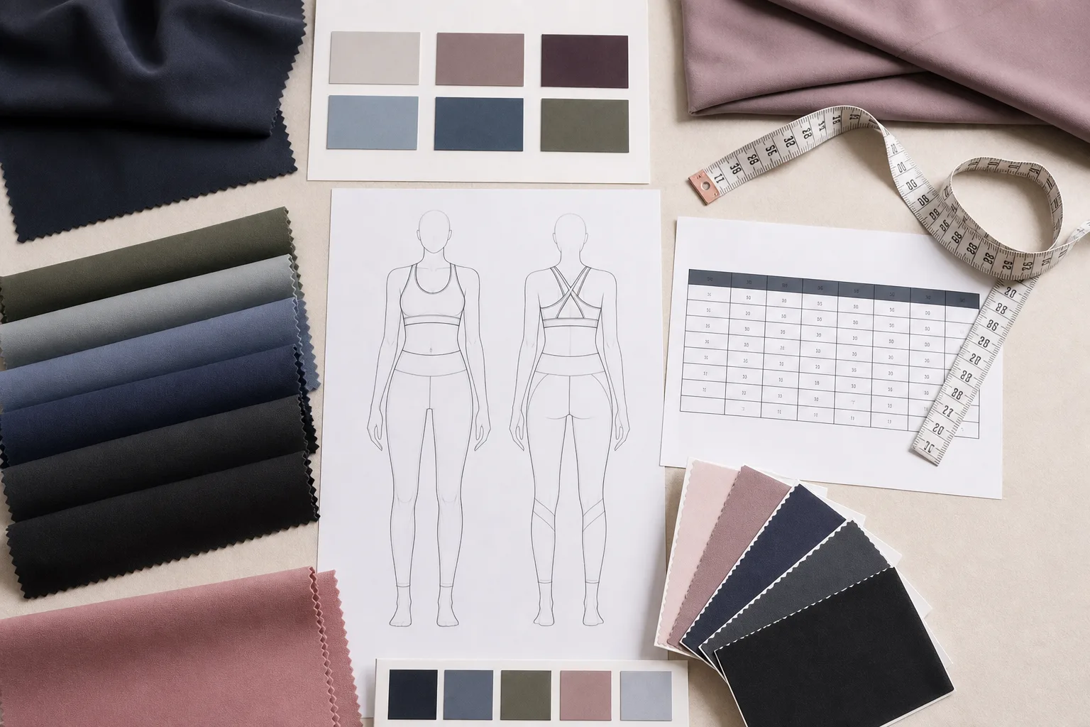 Yoga apparel development materials including swatches, size chart, and sketch