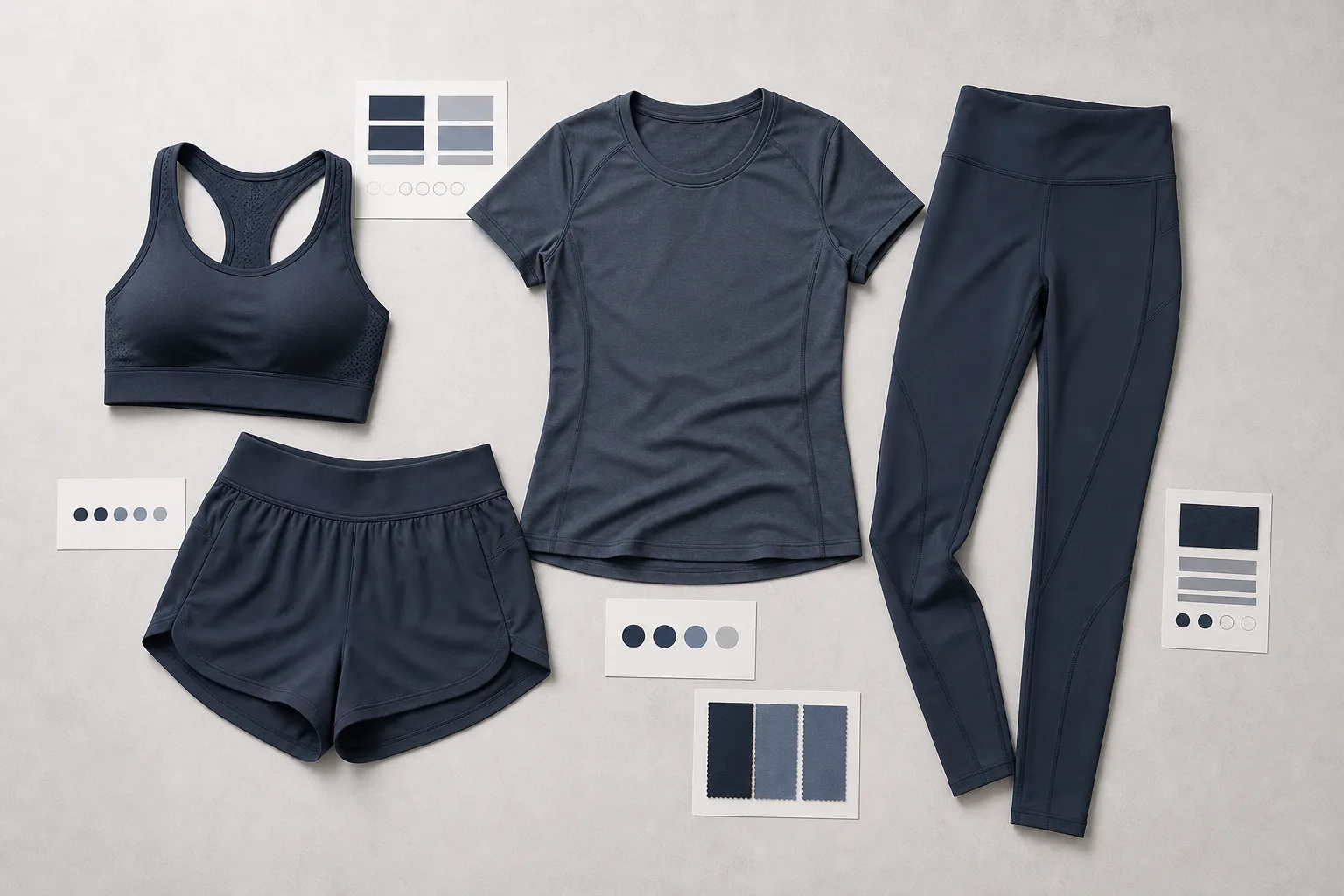 Flat lay of sports bra, fitted top, leggings, and training shorts