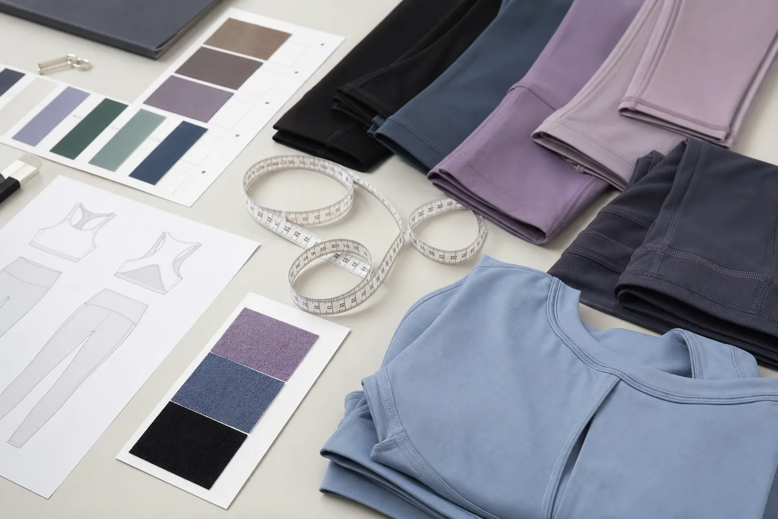 Workspace with activewear samples, tape measure, and spec sheet