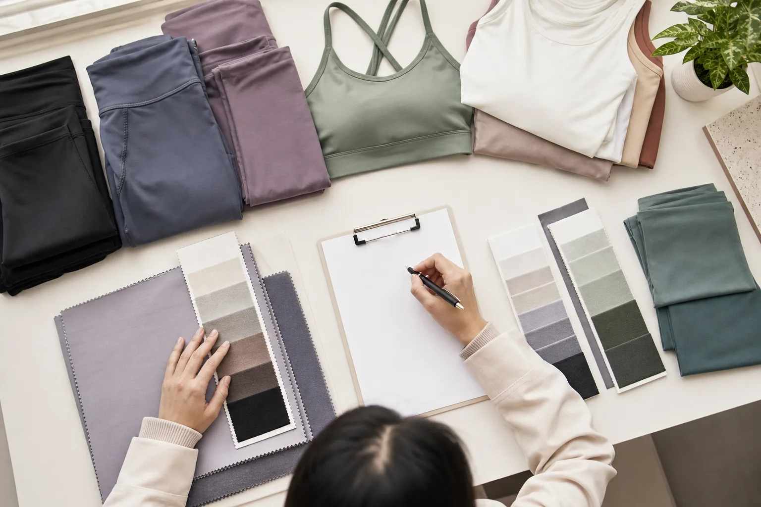 Wholesale yoga apparel assortment flat lay with fabric swatches and activewear