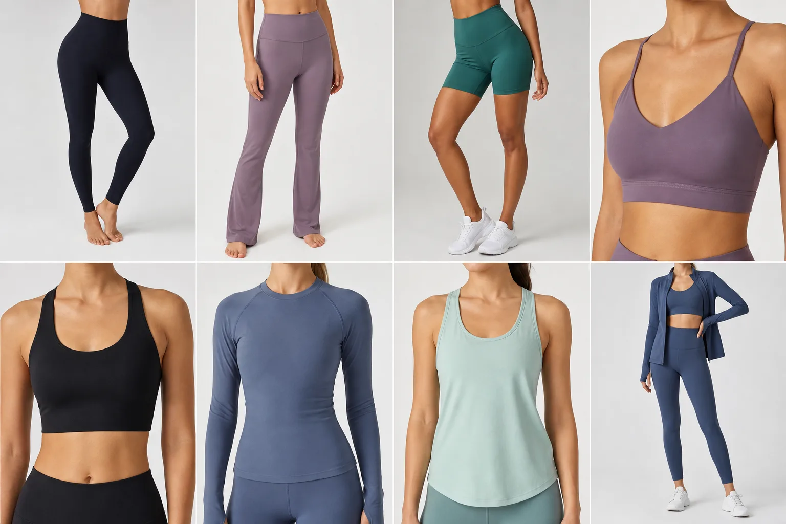 Grid of yoga apparel categories arranged for product comparison