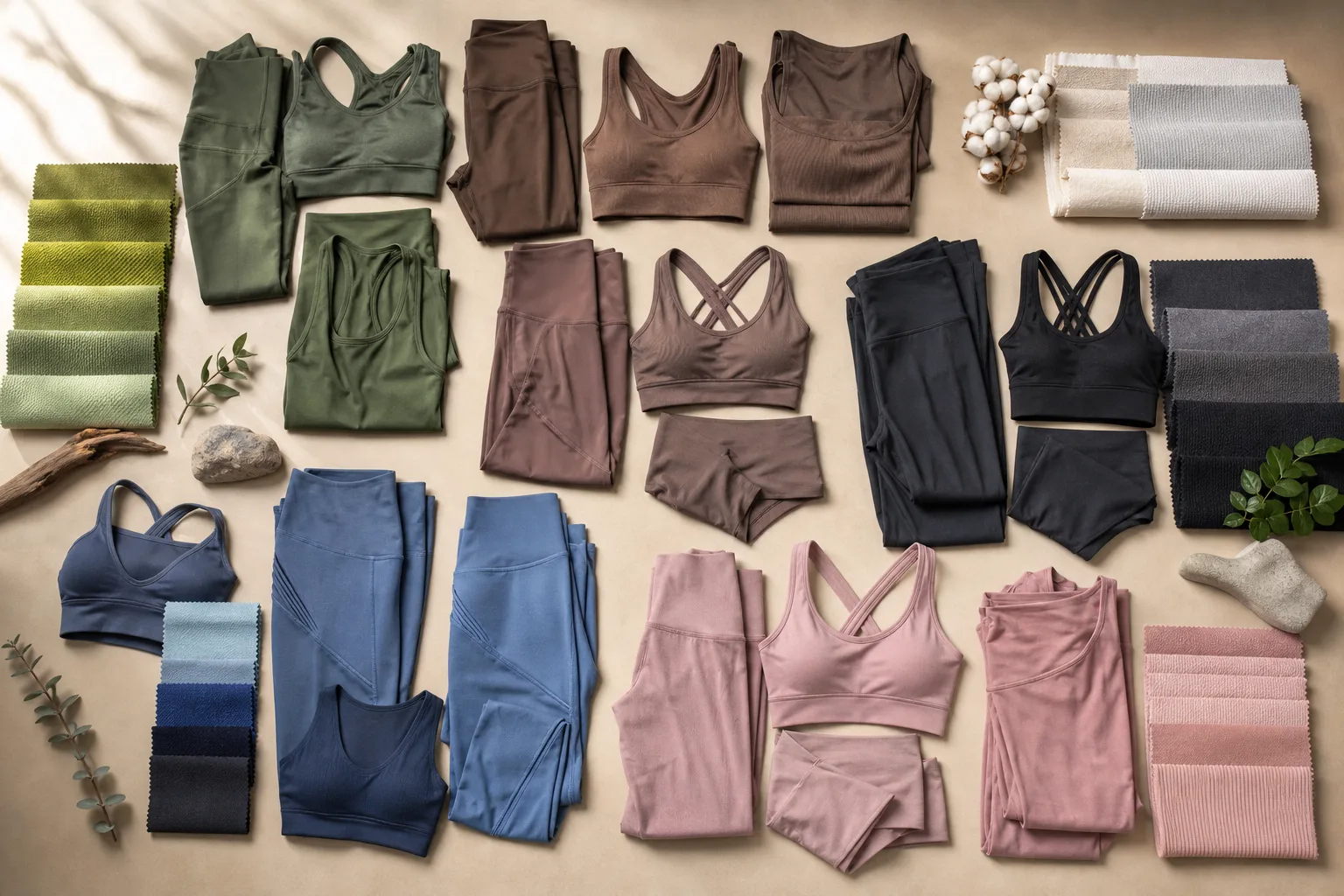 Non-branded yoga apparel assortment arranged with fabric swatches