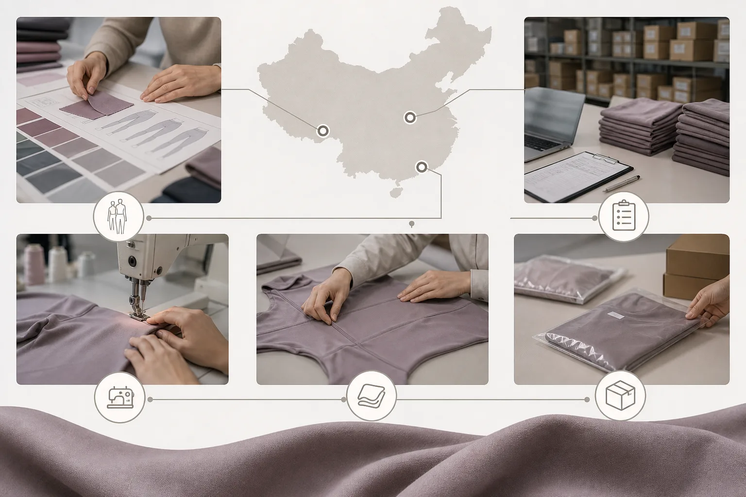 Illustrated production support workflow across Shenzhen, Zhongshan, and Jiangxi