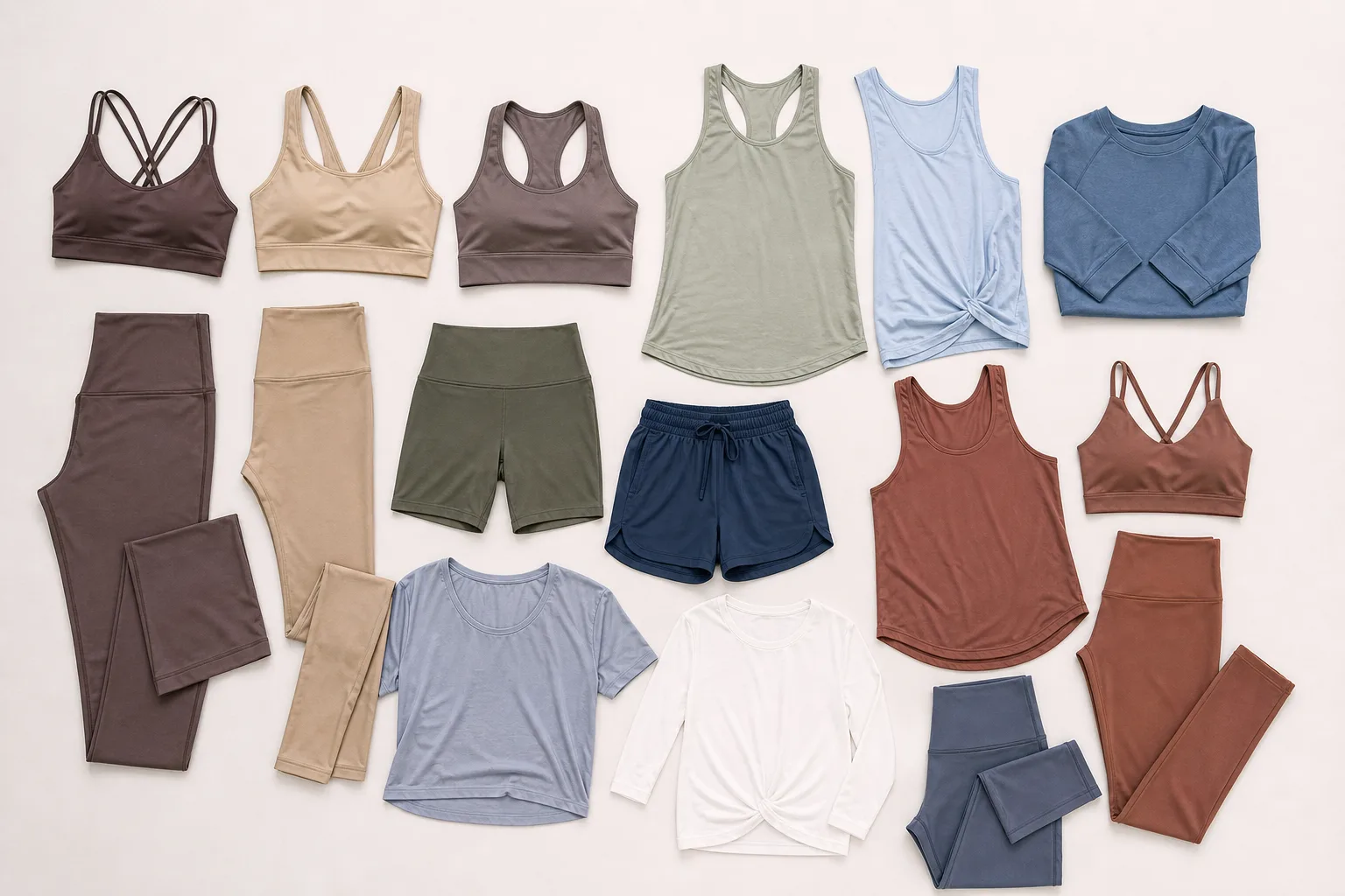 Assorted yoga apparel products including leggings, bras, tops, shorts, and matching sets