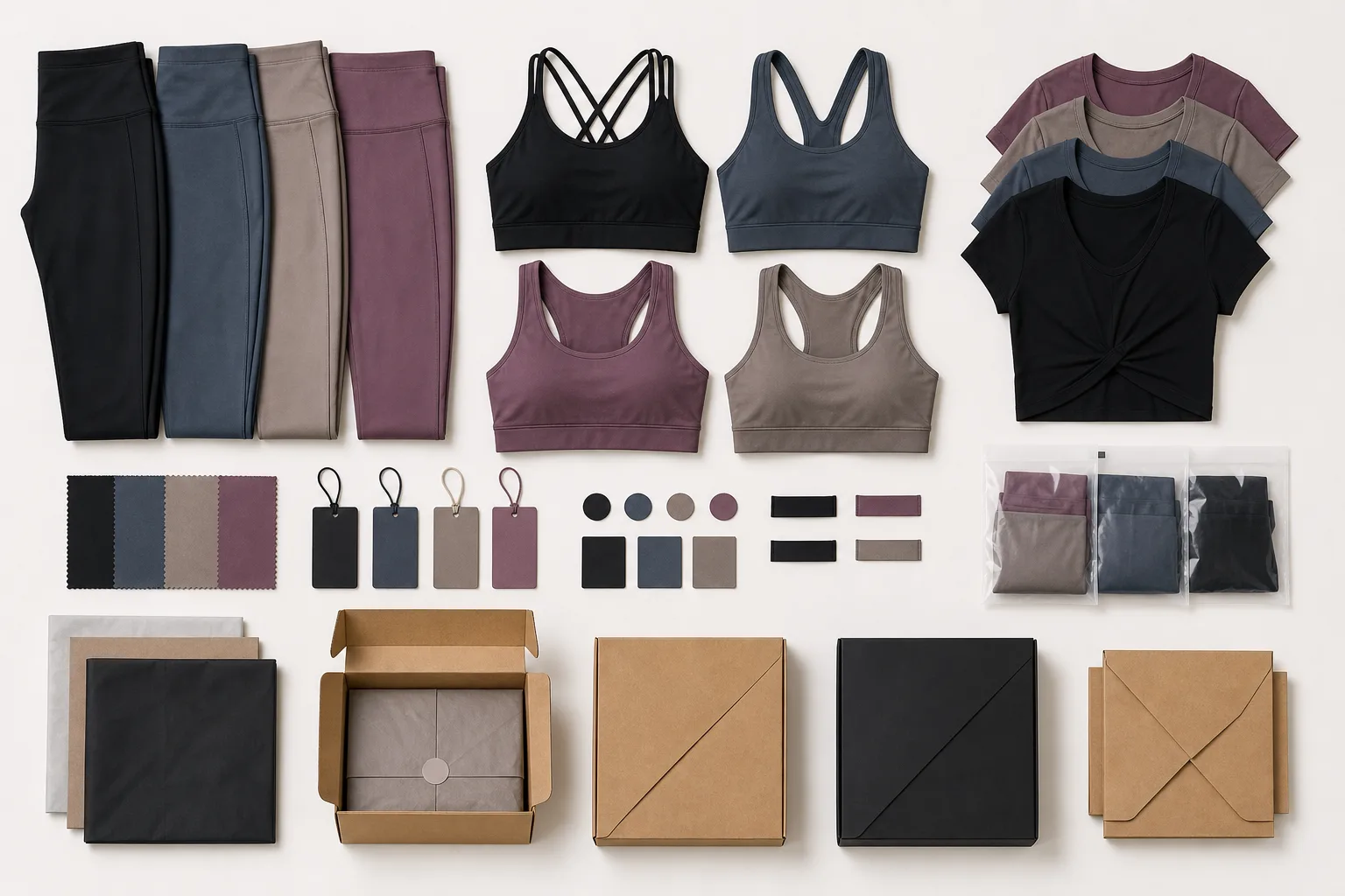 Yoga apparel assortment with labels and packaging mockups for distributor planning