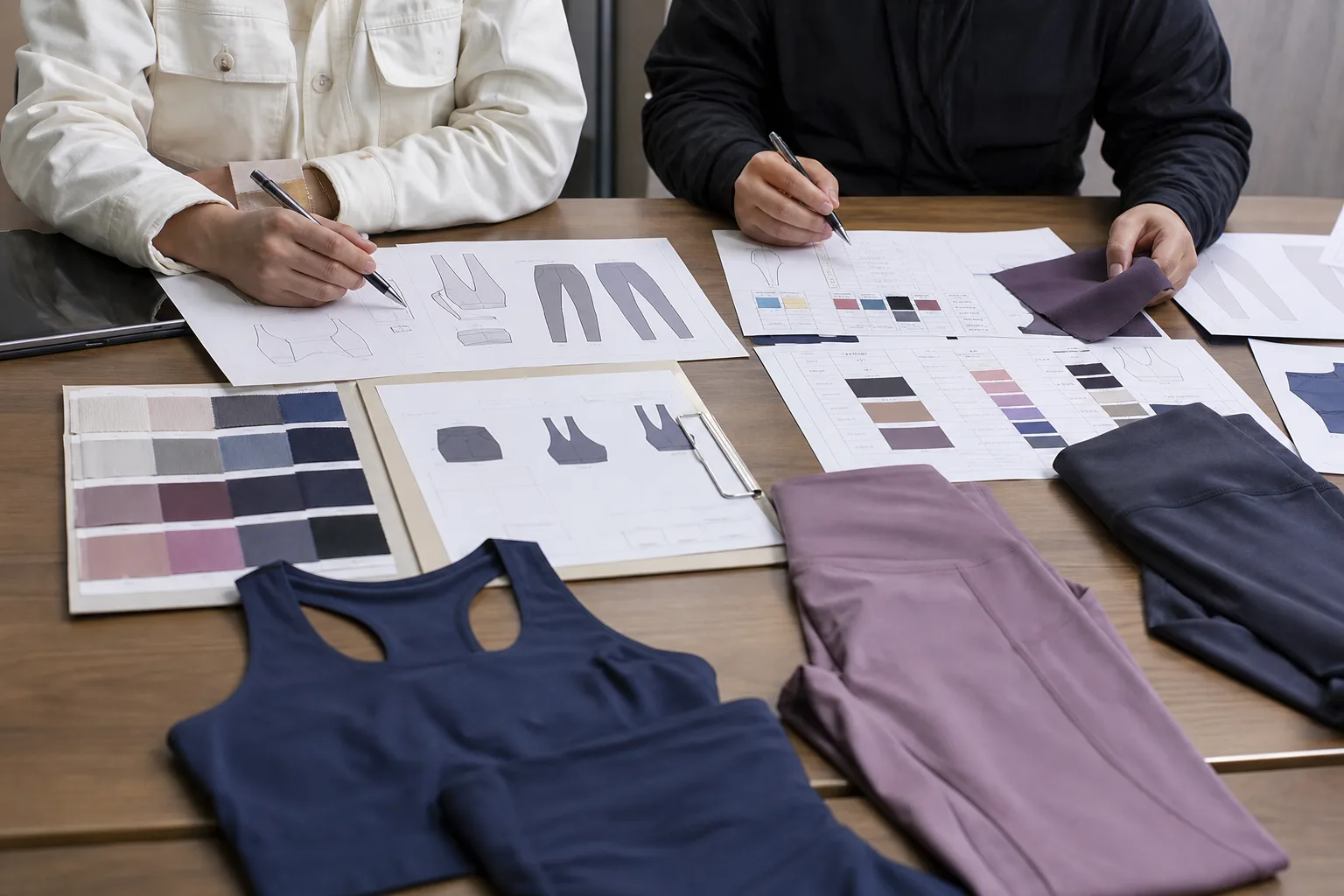 Team reviewing yoga apparel sample details and project documents