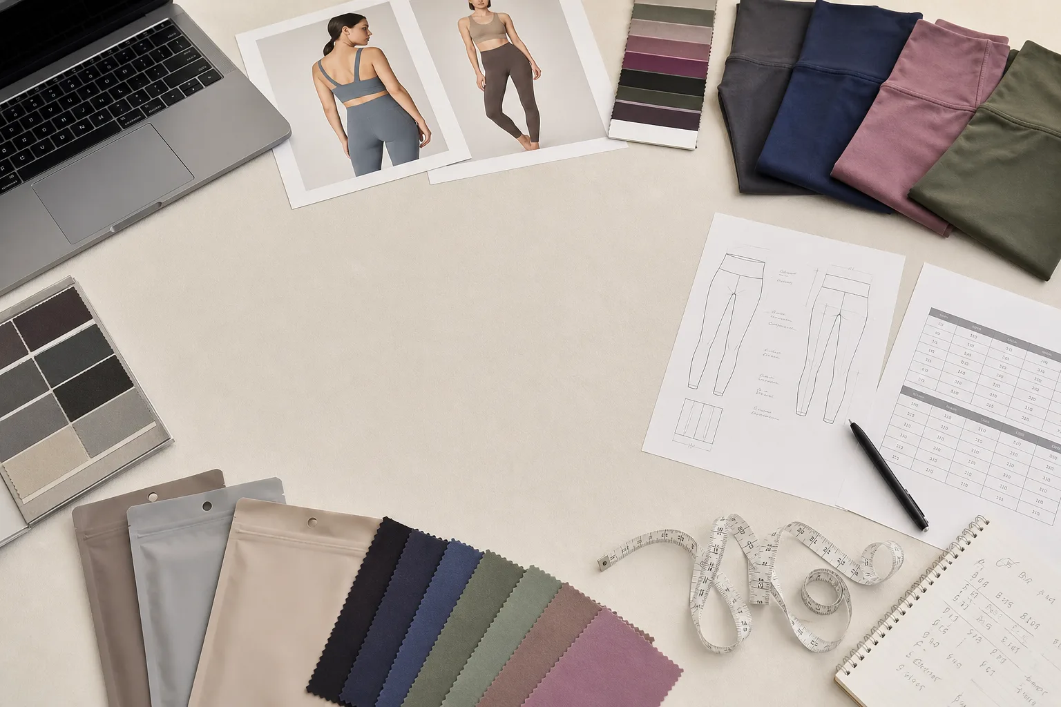 Yoga apparel sourcing desk with fabric swatches, size charts, and notes