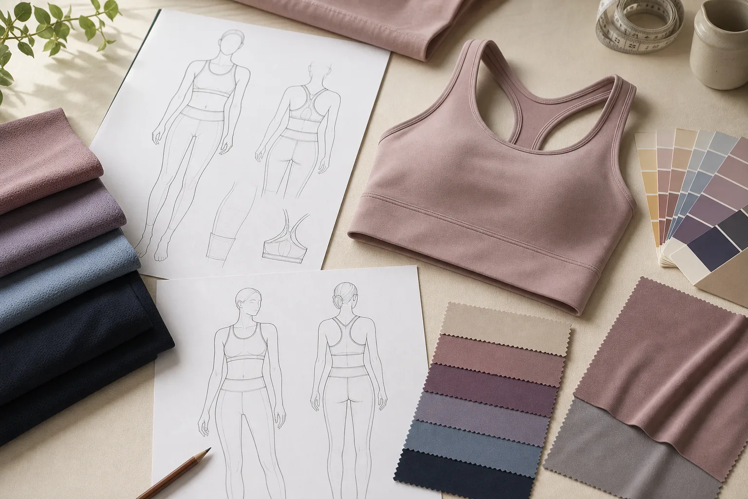 Concept board for ODM activewear development with sketches and fabric swatches