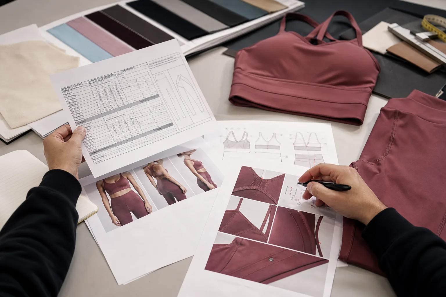 Activewear development workspace with reference images and measurement notes