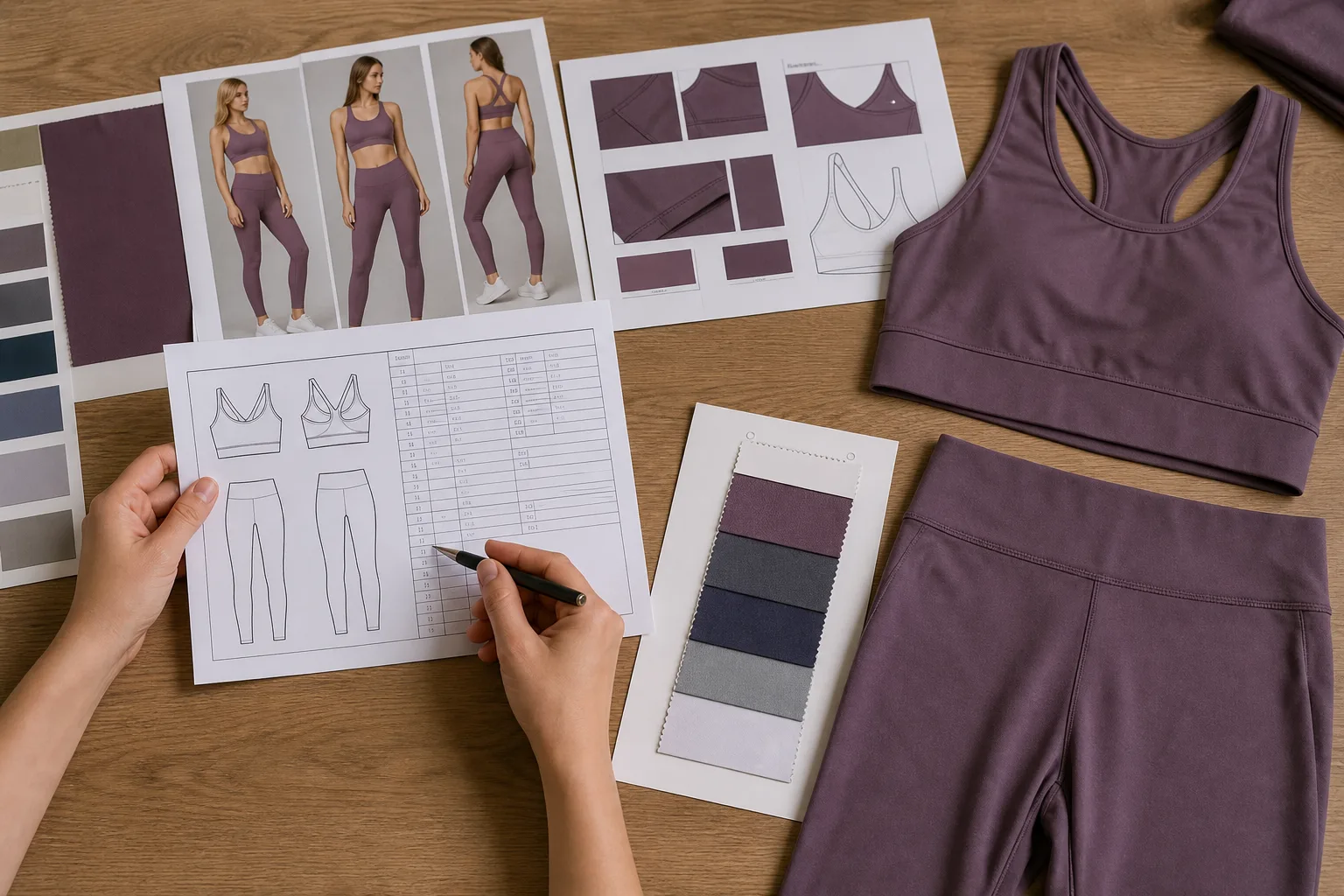 Activewear development workspace with reference images and measurement notes