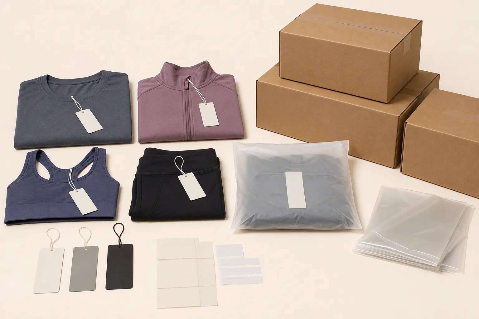 Folded yoga apparel packaging with labels and shipping cartons