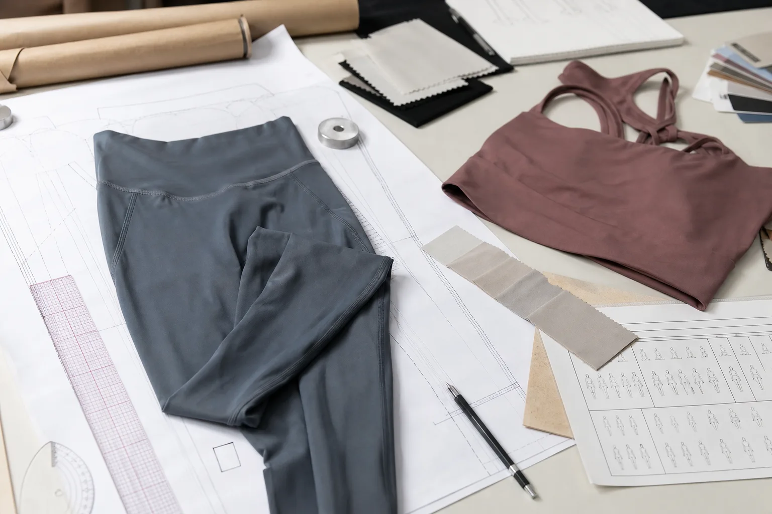 Pattern making workspace with measurement tools and sample garment
