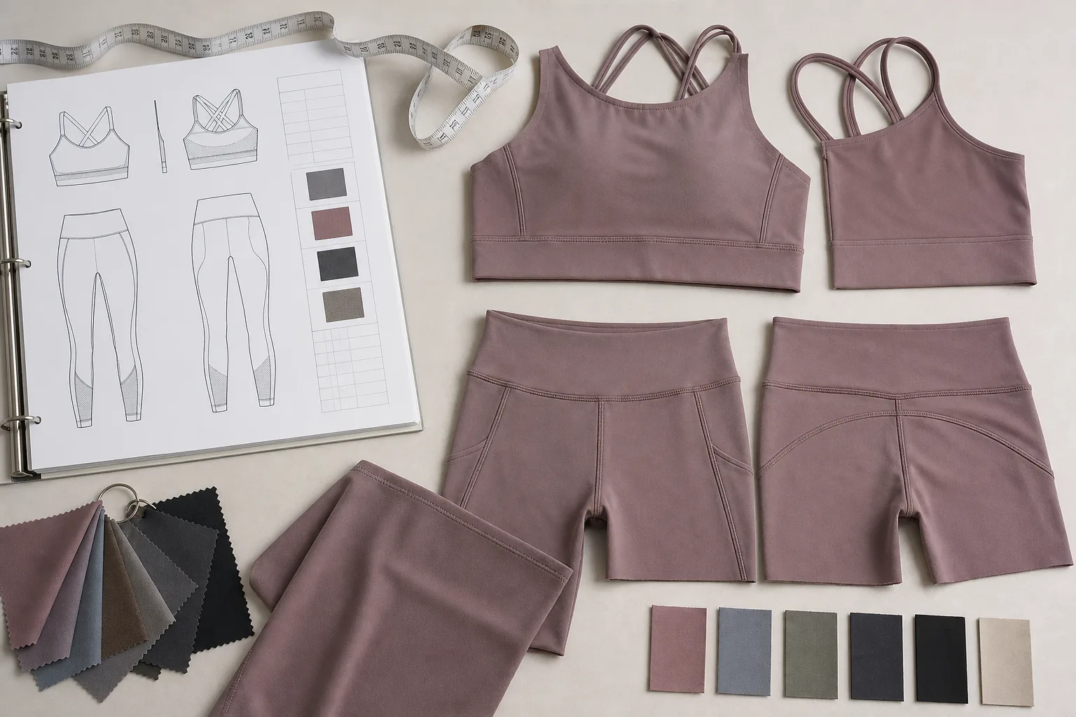 OEM yoga apparel tech pack, fabric swatches, and sample garment pieces