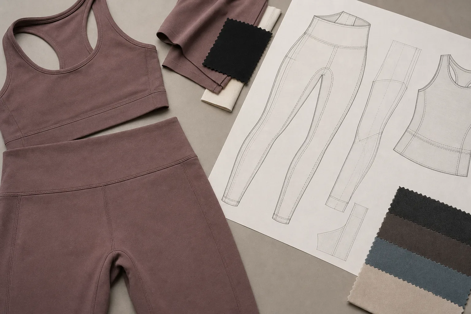 Yoga apparel pattern details with waistband, gusset, and seam placement