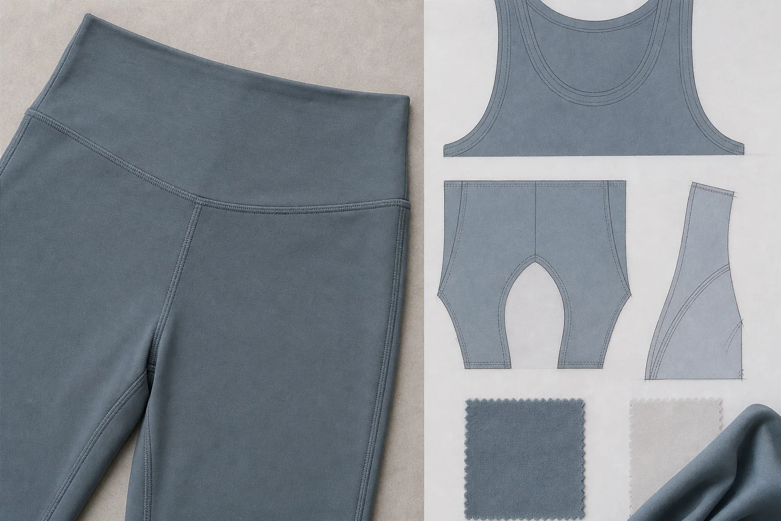 Yoga apparel pattern details with waistband, gusset, and seam placement