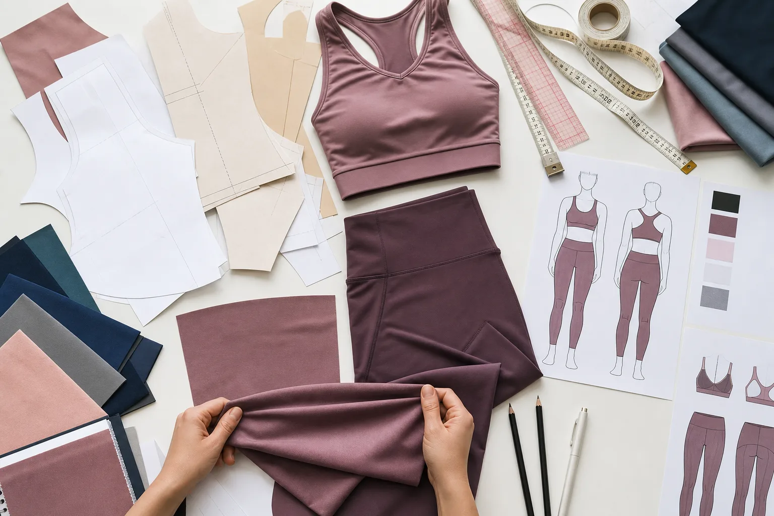 Yoga apparel pattern pieces and tools on a clean development table