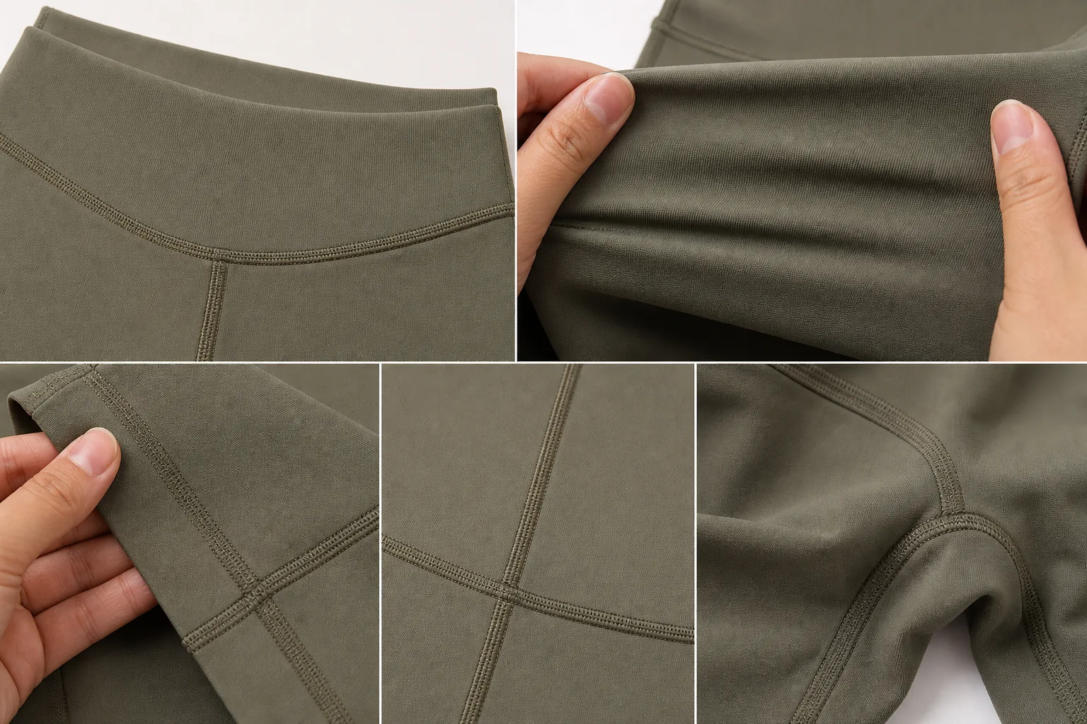 Close-up of pilates apparel fabric and waistband construction