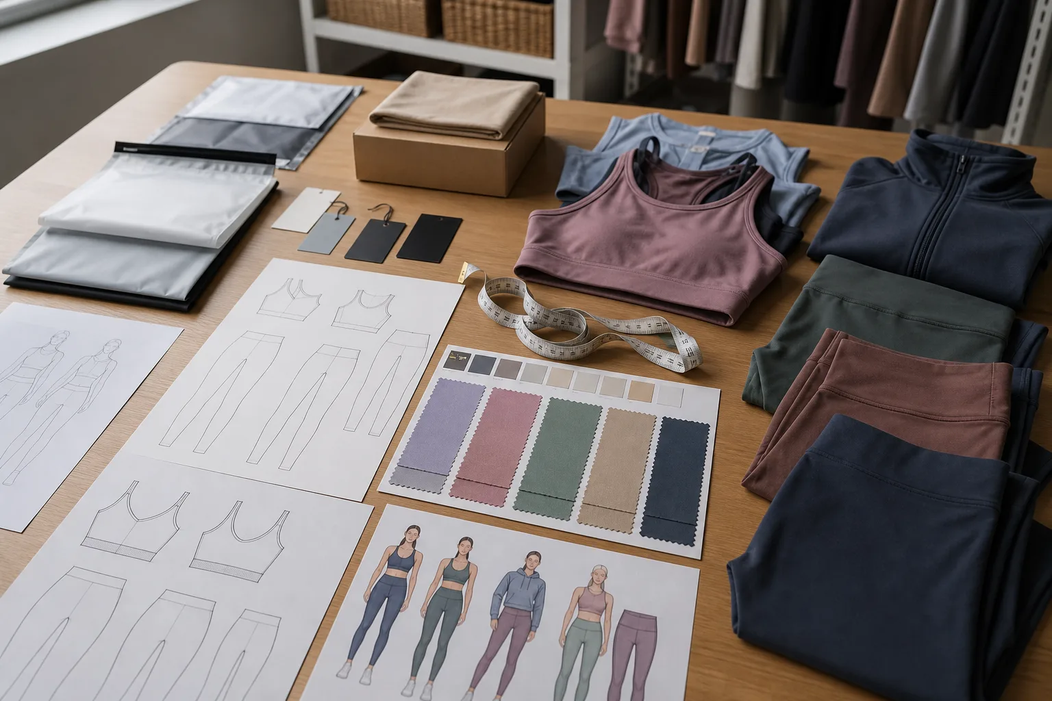 Private label activewear development materials for a pilates studio
