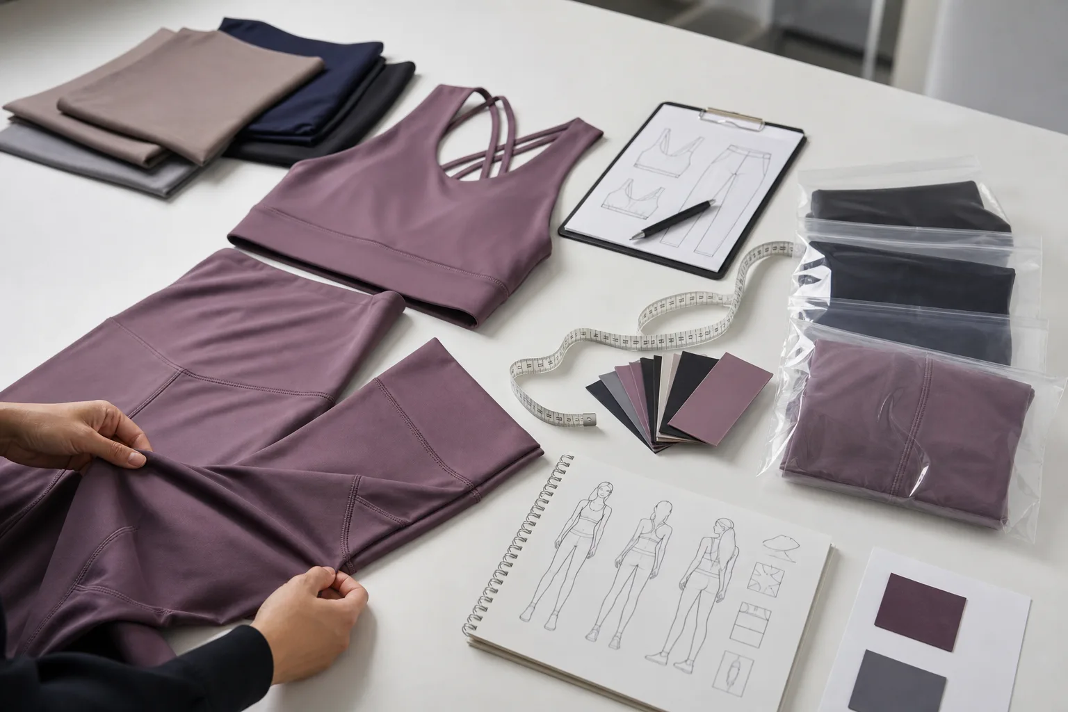 Activewear quality review setup with measurements and garment details