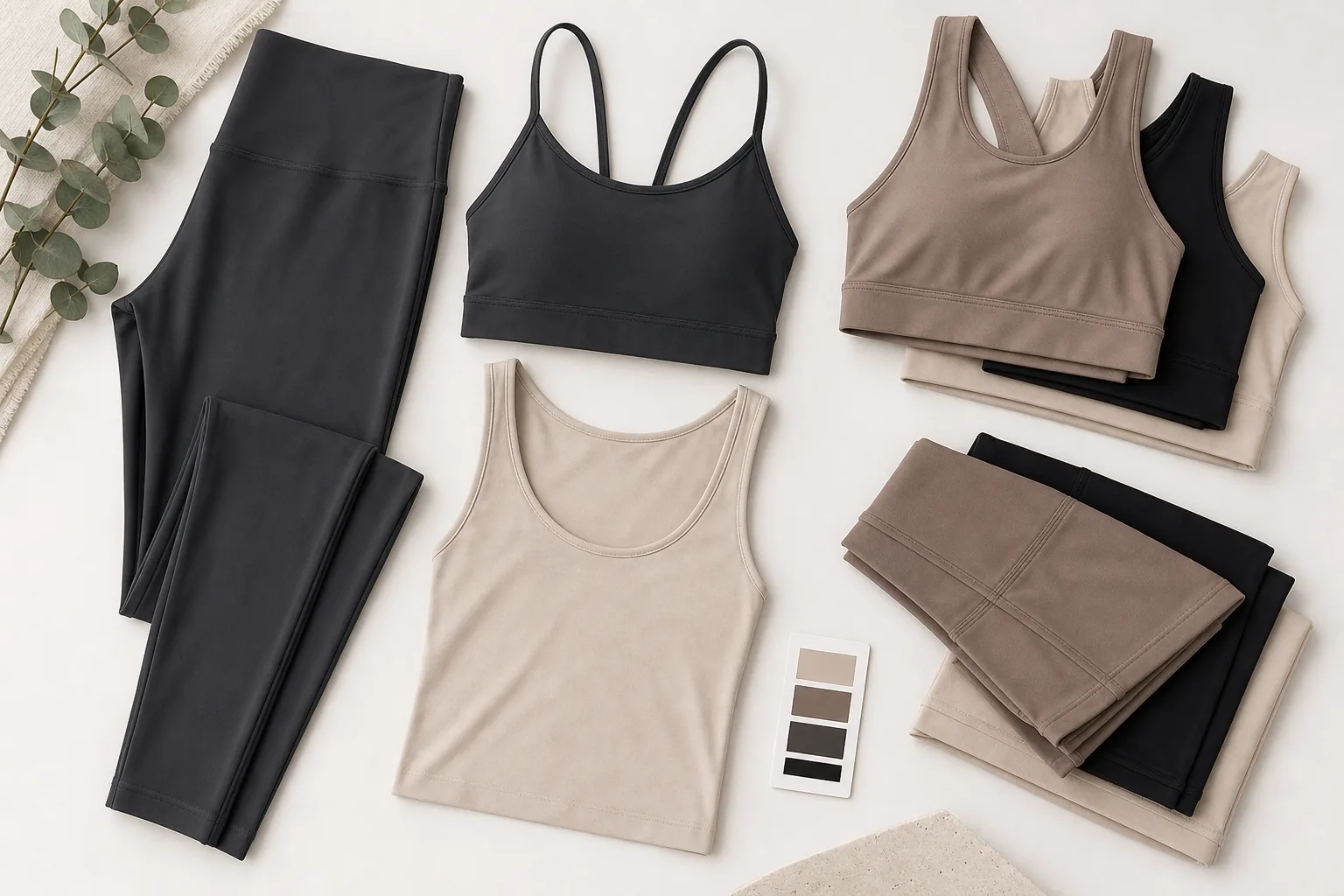 Pilates studio apparel flat lay with leggings, tops, and matching set