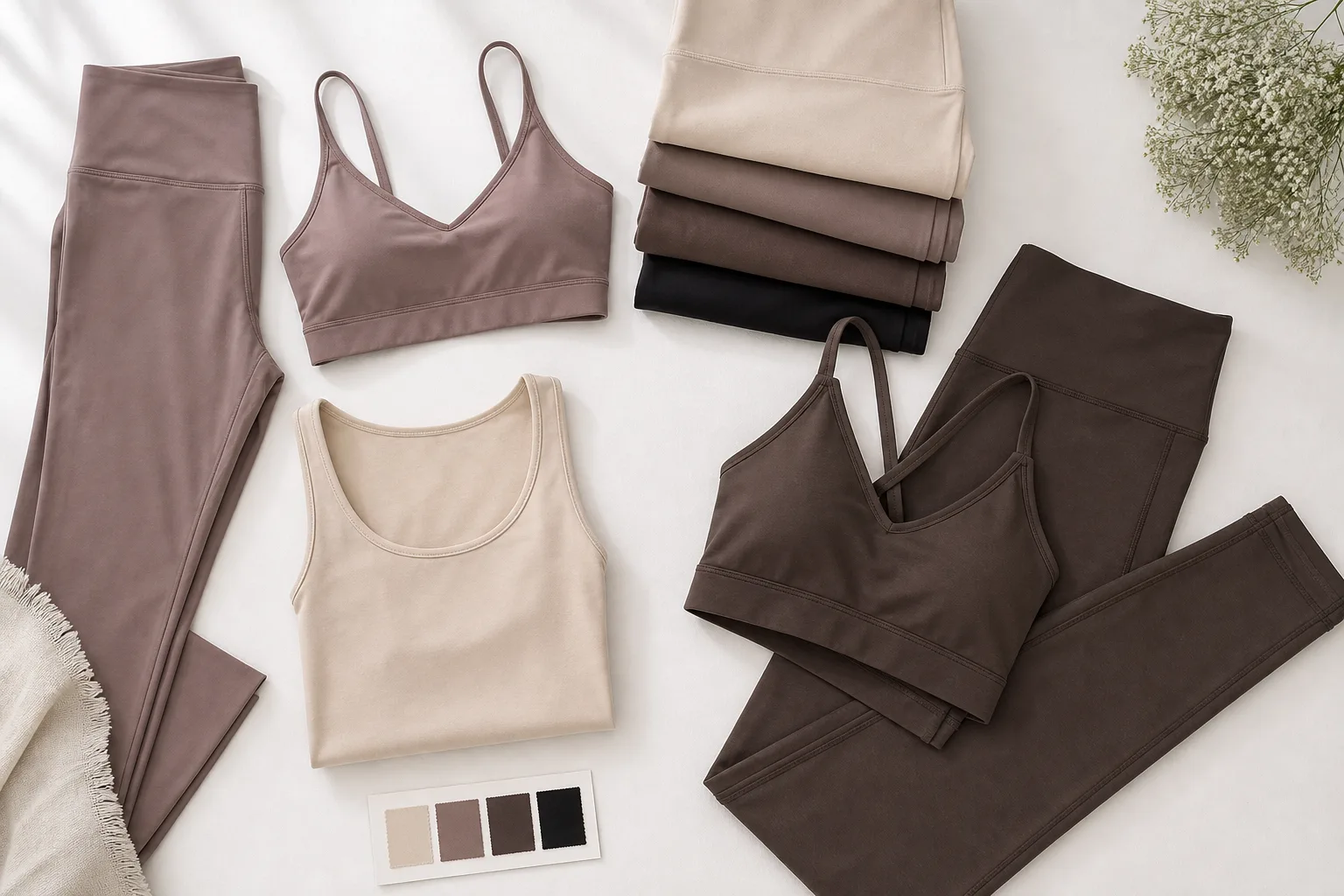 Pilates studio apparel flat lay with leggings, tops, and matching set