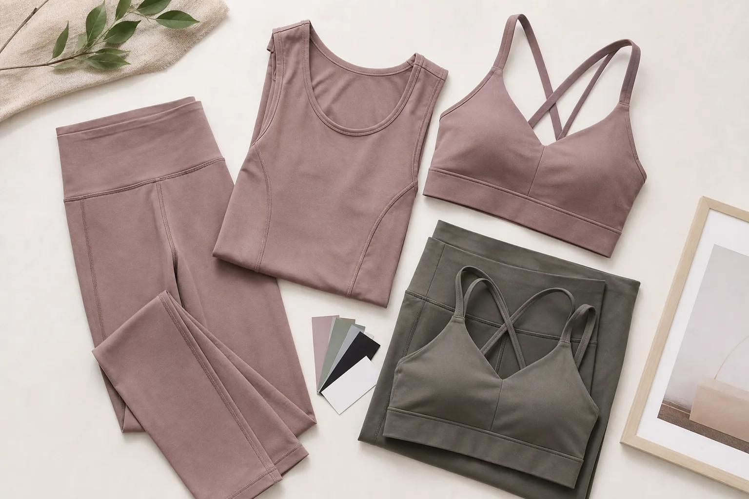 Pilates studio apparel flat lay with leggings, tops, and matching set