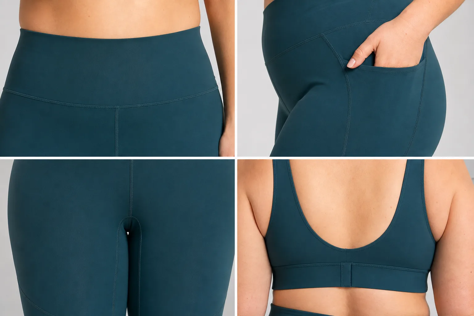 Construction details for plus size yoga apparel including waistband, gusset, pocket, and underband