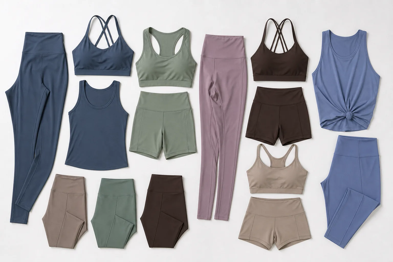Plus size yoga apparel collection including leggings, tops, bras, shorts, and matching sets