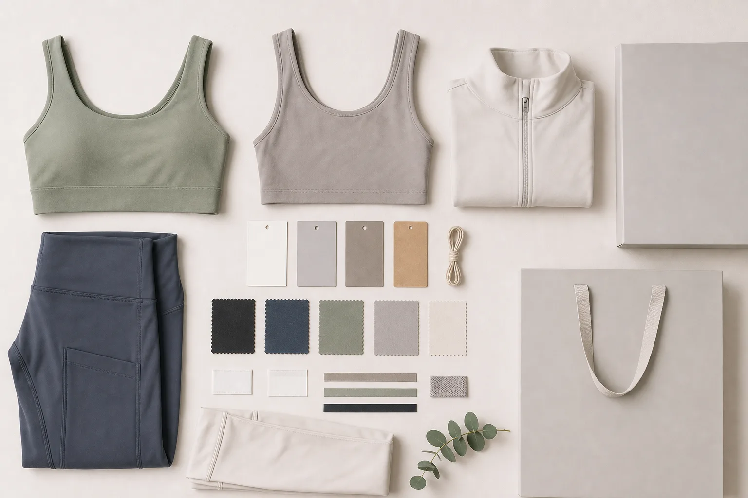 Branded activewear launch materials arranged with labels and packaging samples