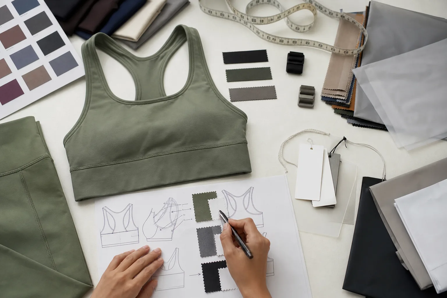 Activewear sample review with measuring tools and specification notes
