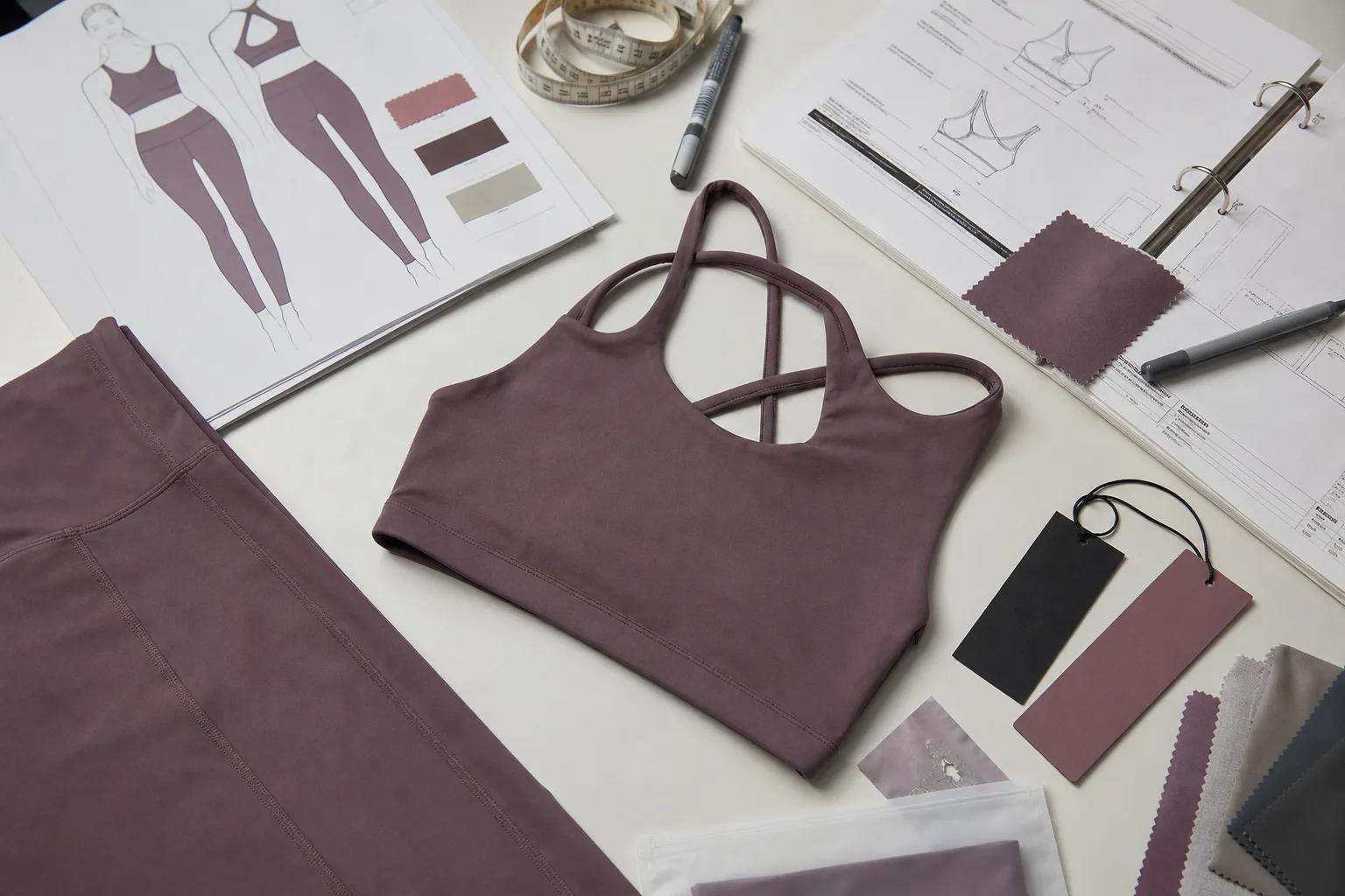 Activewear sample review with measuring tools and specification notes