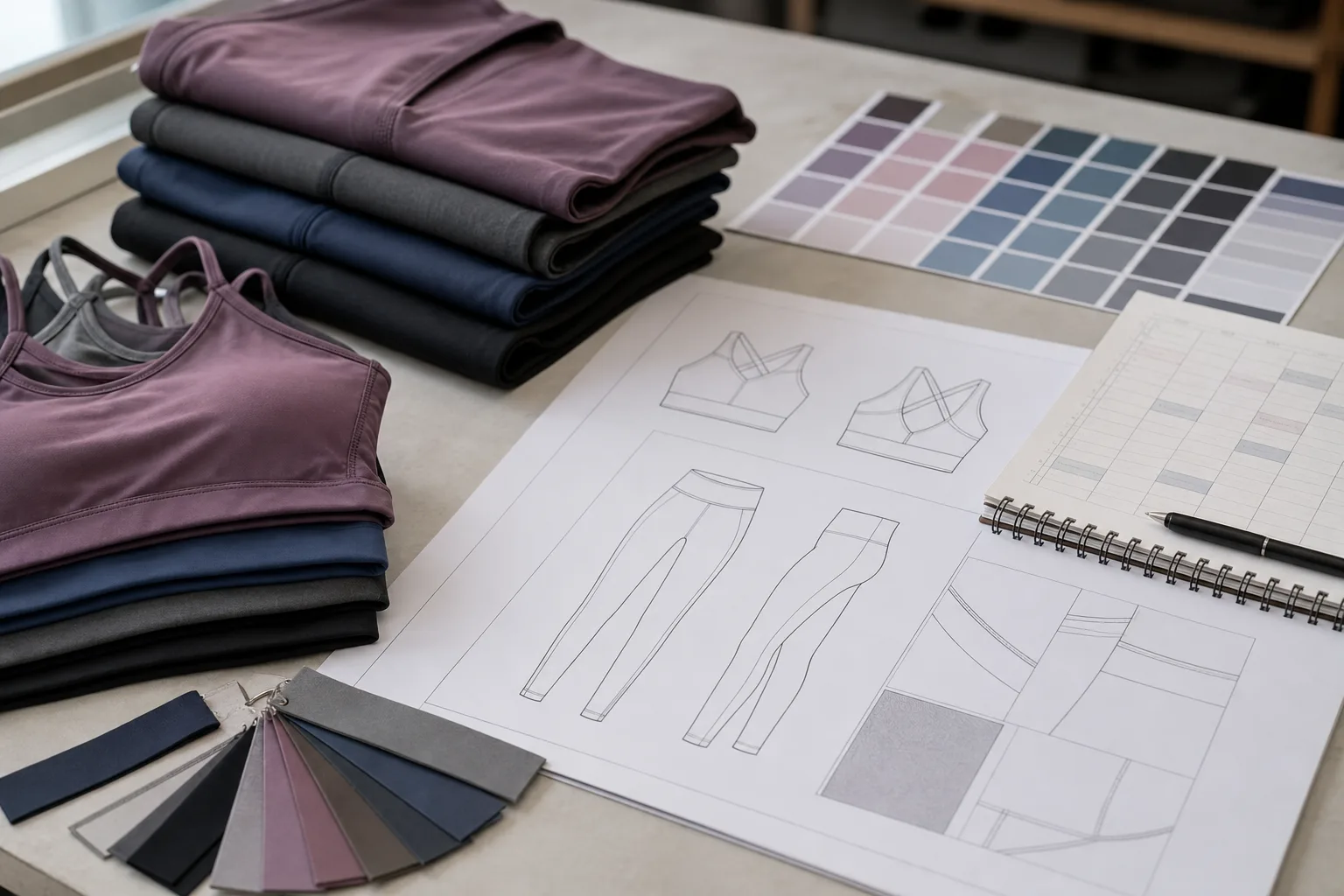 Activewear samples, size charts, and color swatches on a planning table