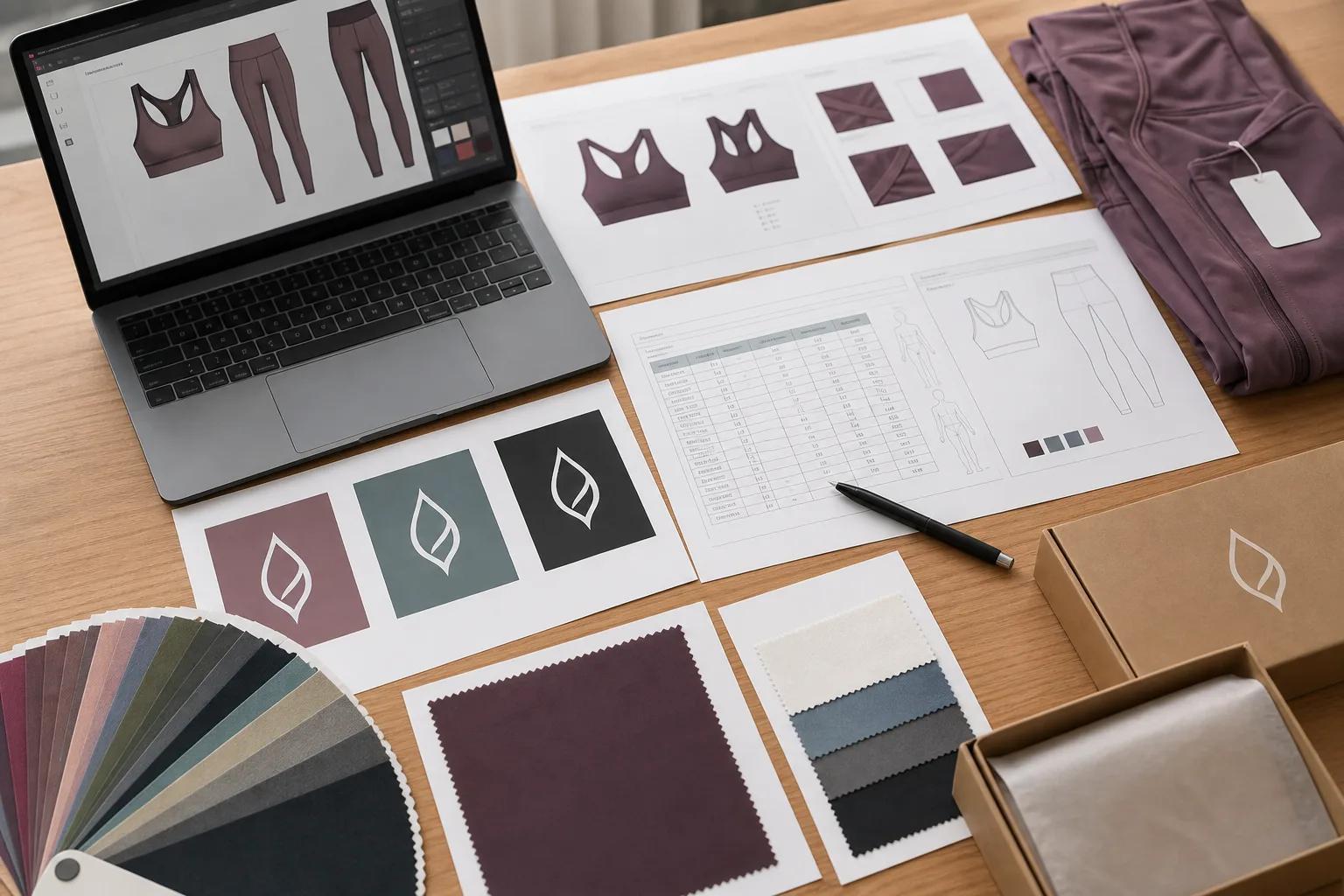 Tech pack pages, fabric swatches, and packaging samples on a work desk