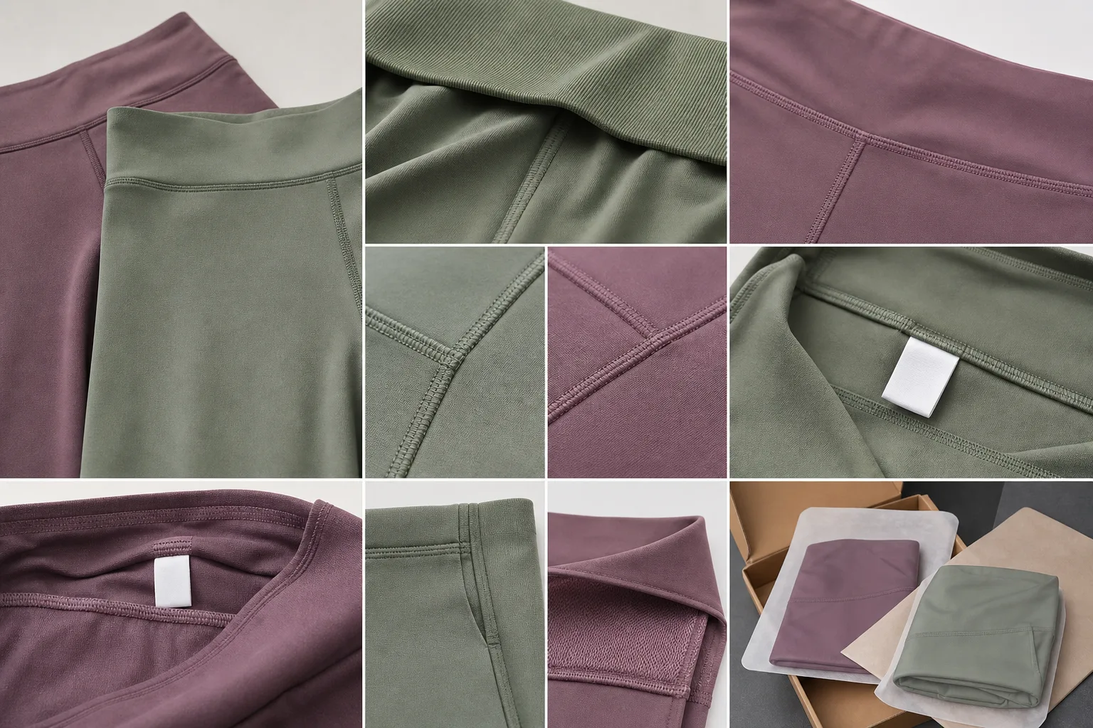 Yoga apparel construction details with seams, labels, and packaging folds