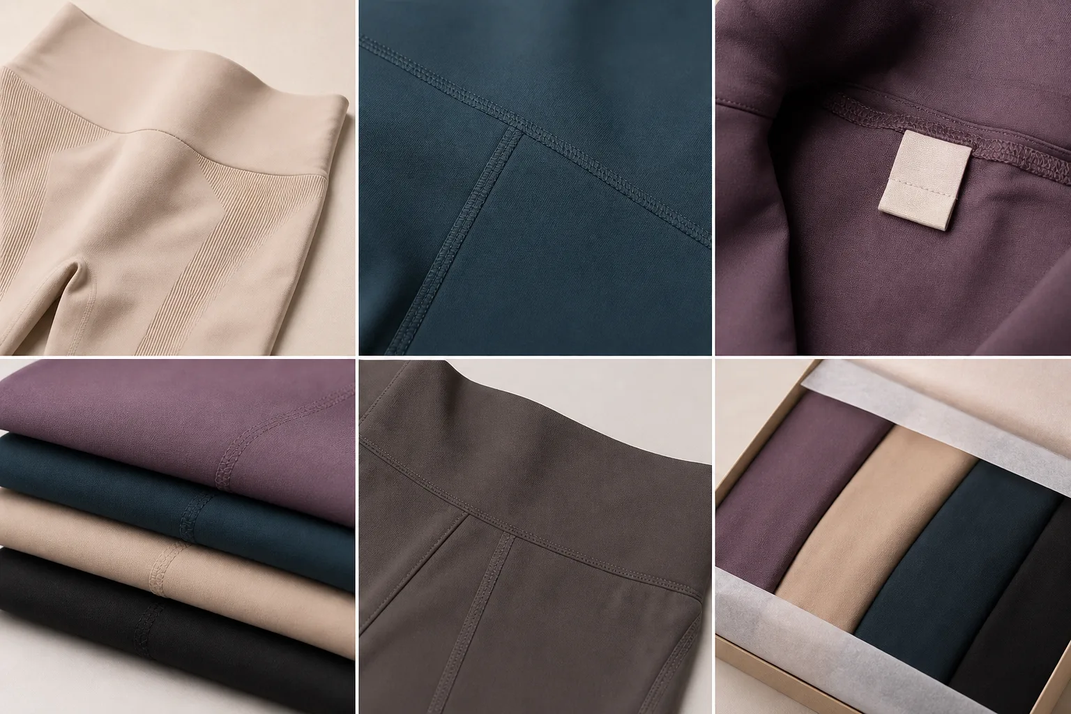 Yoga apparel construction details with seams, labels, and packaging folds