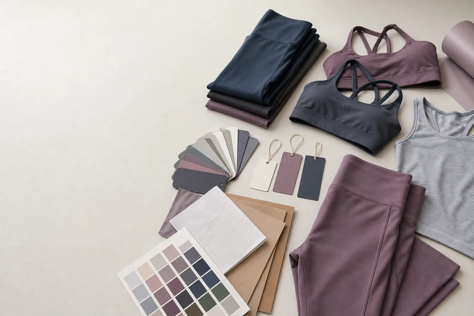 Non-branded yoga apparel samples prepared for a promotional merchandise project