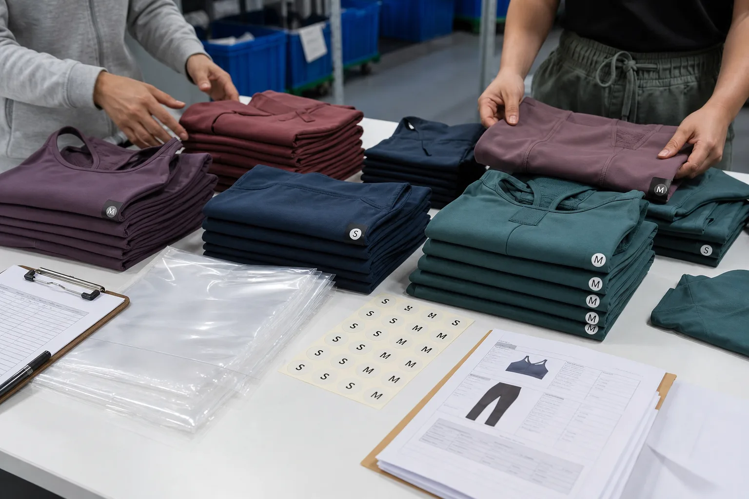 Folded yoga apparel with packing labels and order planning materials