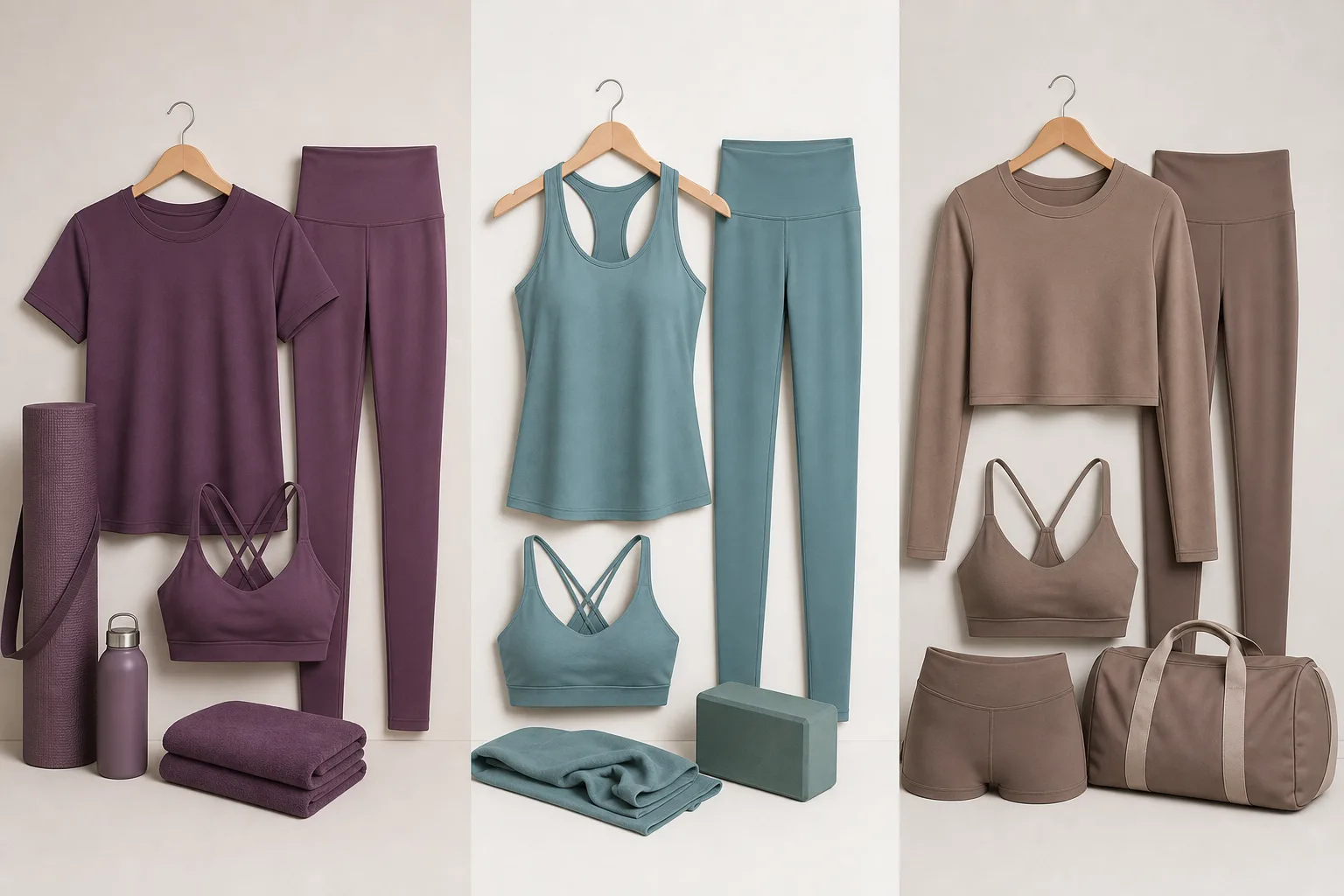 Yoga apparel combinations grouped for event, studio, and retail programs