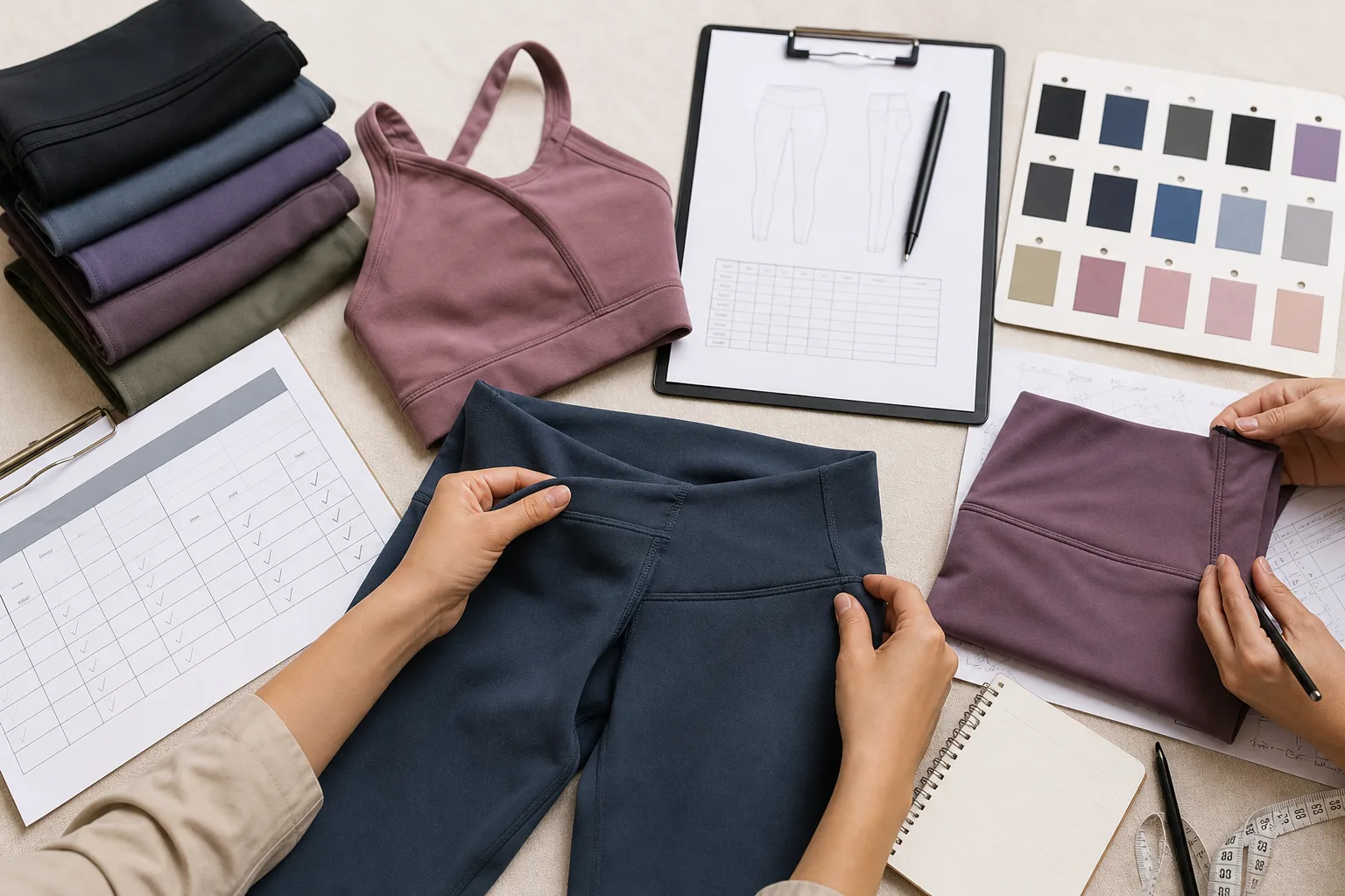 Custom yoga apparel samples reviewed with measurement notes and fabric swatches