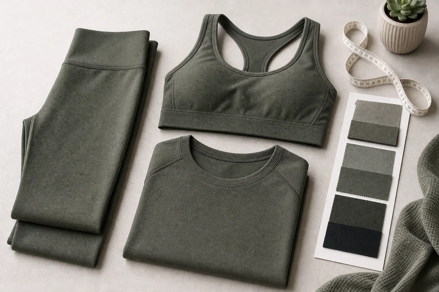 Recycled fabric activewear flat lay with fabric texture and garment details