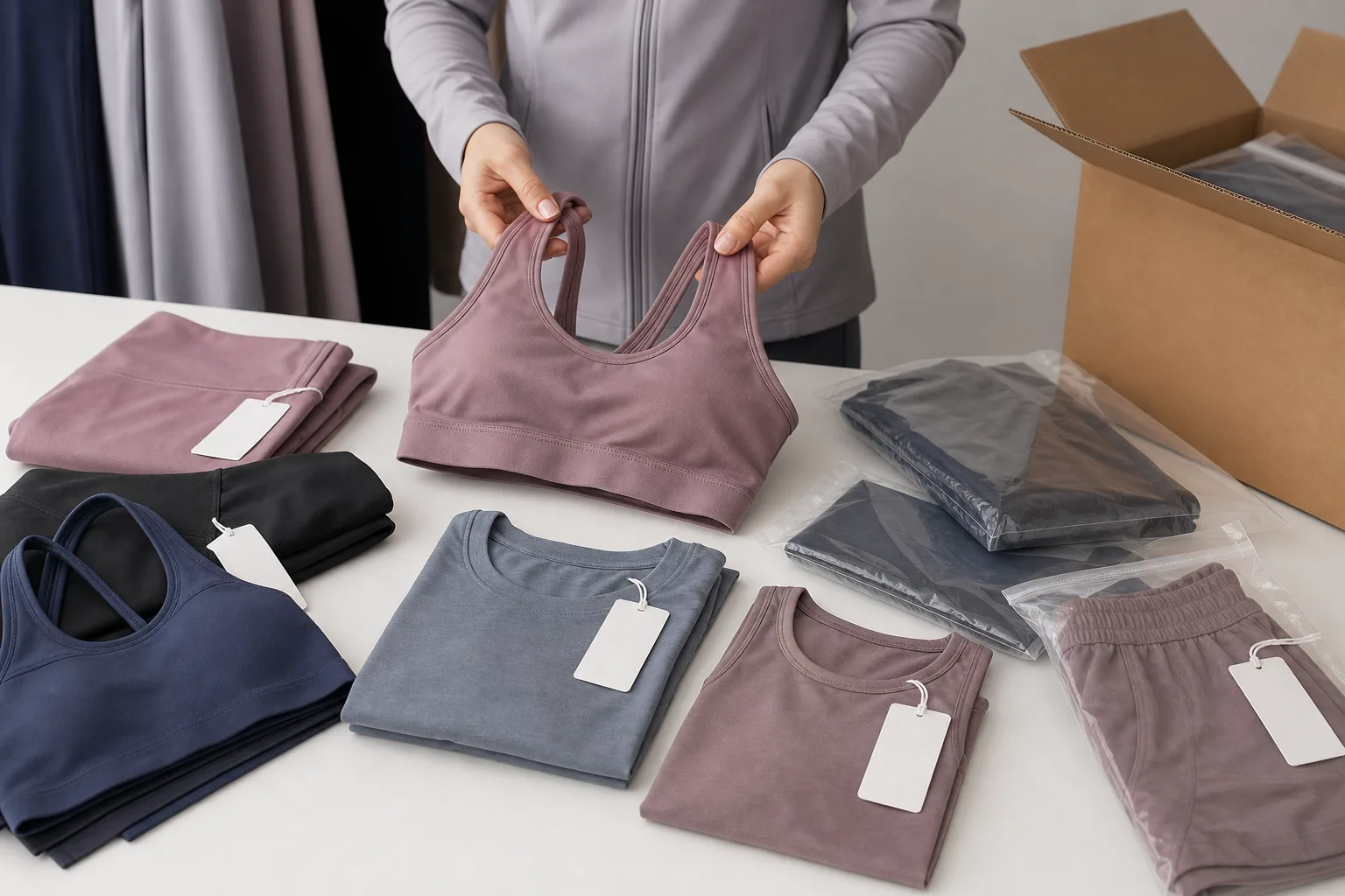 Non-branded activewear packaging and retail presentation mockup