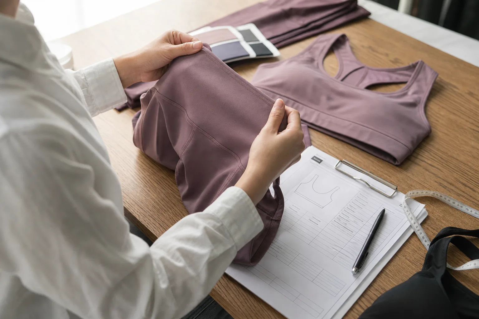 Quality inspection of activewear seams, labels, and measurement points
